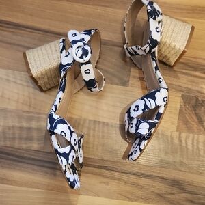 Charter Club Navy and White Floral Block Heel Sandals